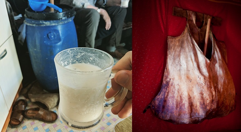 写真2-1（左）　グラスに注がれた馬乳酒、後ろには保管用のポリパケツがある。写真2-2（右） 馬乳酒を攪拌し発酵させる牛の皮で作られた袋状の容器。