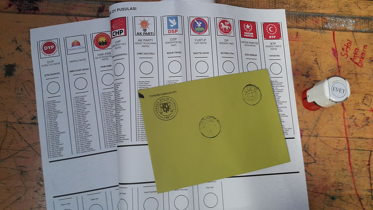 写真：国会選挙投票用紙：有権者は投票用紙の〇のところにEVET（はい）という印を押す。