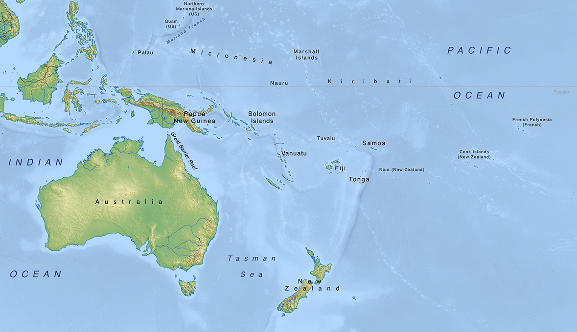 地図：14の島嶼国が太平洋の広大なエリアに点在