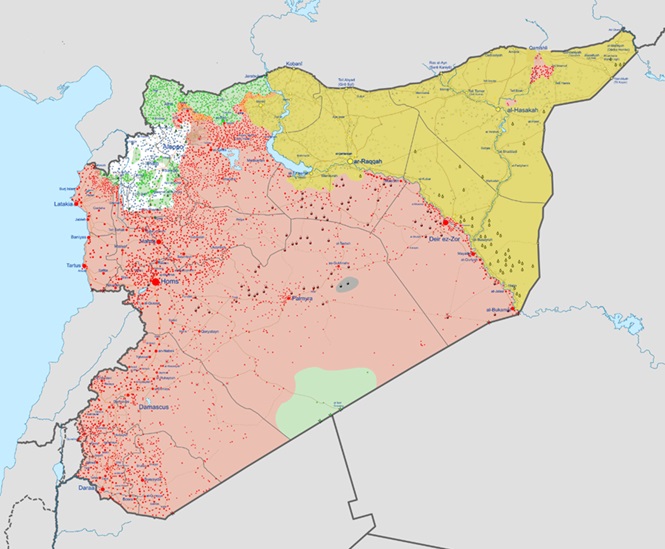 図3　 PYDの2019年の支配地域（黄色）、シリア