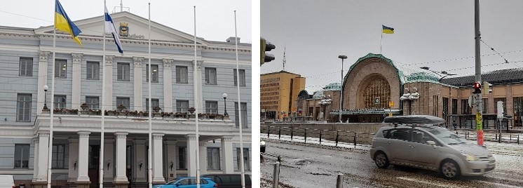 ヘルシンキの建物ではウクライナの旗が多く掲げられている （左・ヘルシンキ市庁舎、右・ヘルシンキ中央駅）