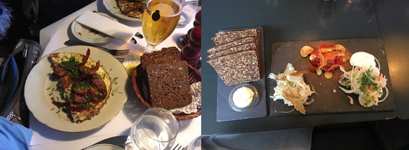 写真2　料理に付いてくるライ麦パン（左）とたっぷりのバターが添えられたライ麦パン（右）