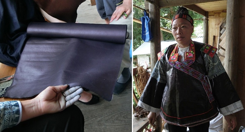 写真4　光沢のある藍染布（左）、光沢のある布を使った晴れ着を着てみせてくれた作り手の王鬧果さん。襟、袖、裾に刺繍や染め布を縫い付けた装飾がある（右）。
