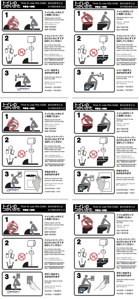 写真1　京都市役所が市内の観光用トイレのマナー向上のために作成した、イラスト付きの啓発ステッカー（4言語併記）。