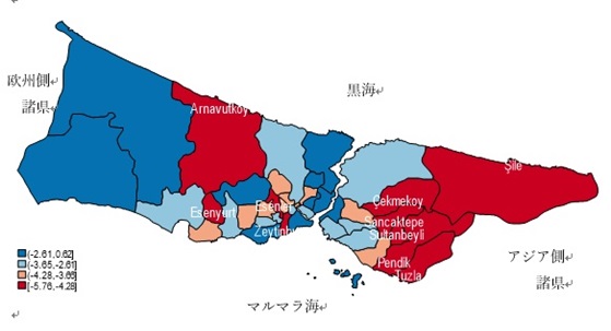 図5　イスタンブル県の郡区分地図：AKP得票率変化