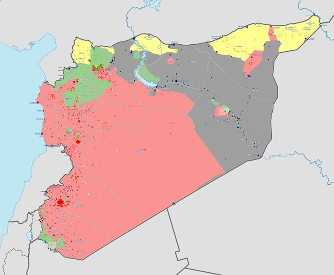 図2　PYDの2014年の支配地域（黄色）、シリア