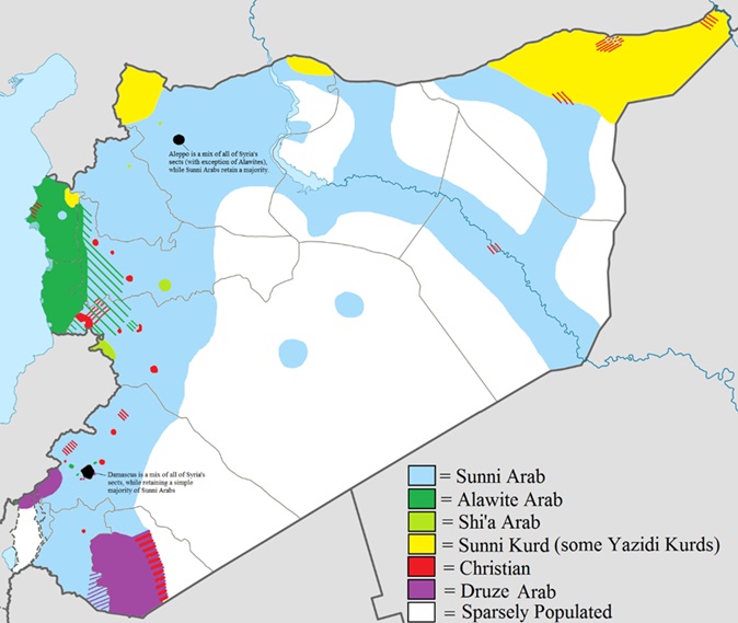 図4 クルド民族分布（黄色）、シリア
