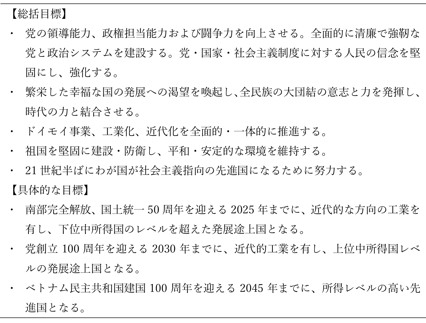 表2　総括目標および具体的な目標