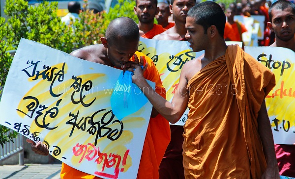 写真２ 大学生僧侶による抗議（2015年8月12日）。スリランカにおける典型的なデモの形である。