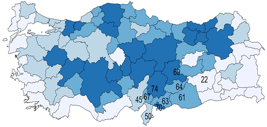 図2　2018年国会選挙での与党支持率（％）（数字は非常事態令下の被災10県）