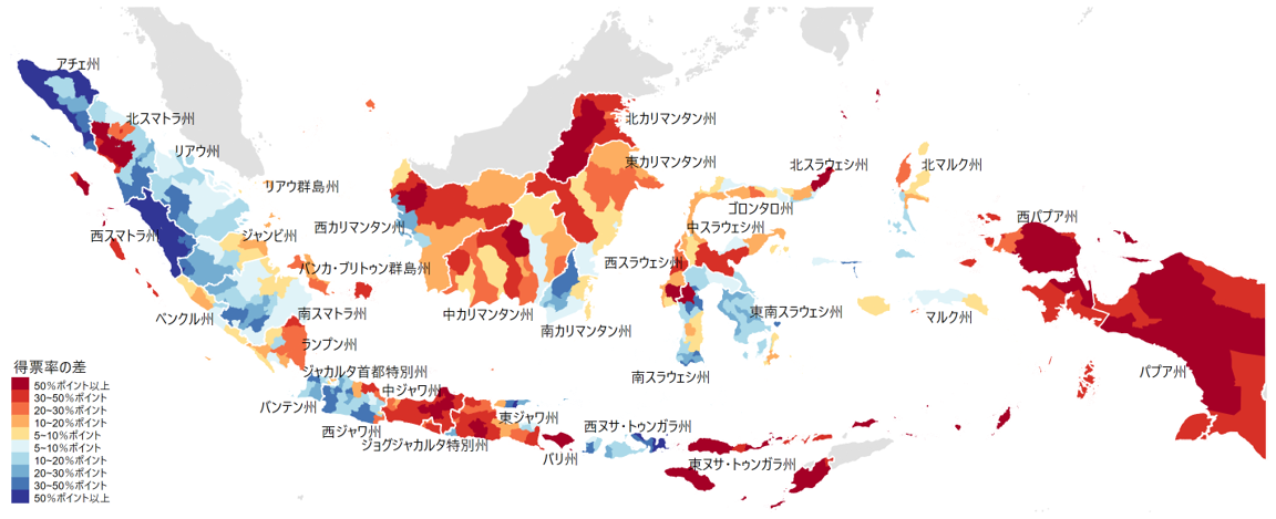 図２　2019年大統領選挙でジョコウィの得票率が高かった地域・低かった地域