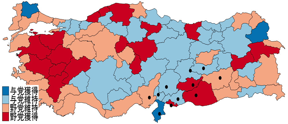 図1　県庁所在市長選挙結果（全81県別）（野党が与党から獲得した市政は赤色）