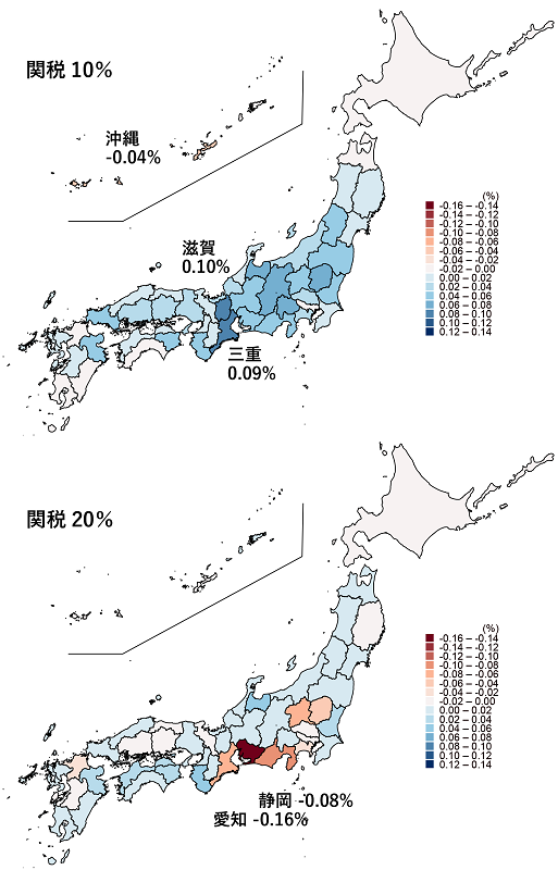 図2　関税10％、20％時の都道府県別の影響（2027年）