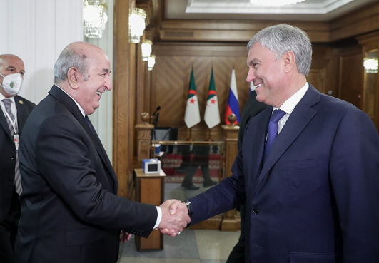 アルジェリアのタブーン大統領（左）とロシアのヴォロージン国家院（連邦議会下院）議長（2023年）