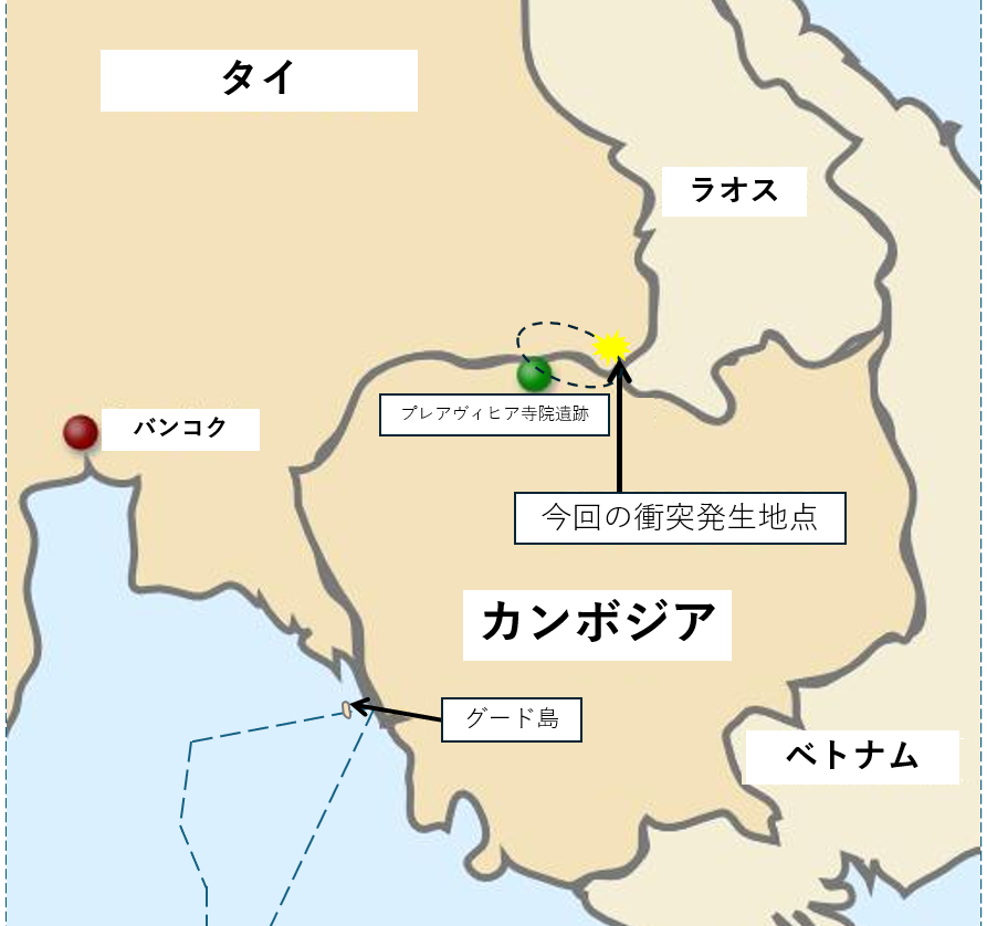 図　タイ＝カンボジア国境と主な領土係争地