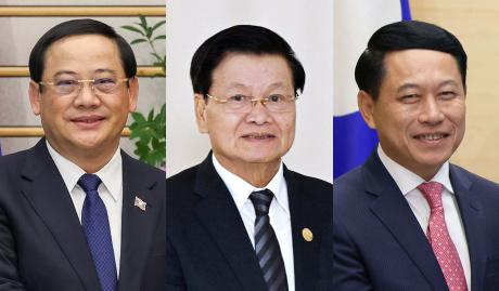 ソーンサイ前首相（左）、トーンルン党書記長（中央）、サルームサイ新首相（右）