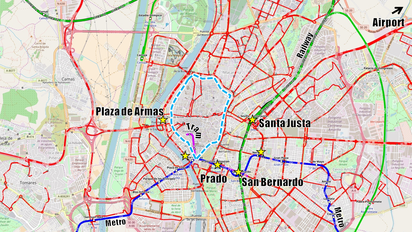 図1　セビリアのバス、鉄道、メトロ、地下鉄
