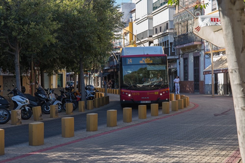 写真：旧市街部（アラメダデヘルクレス広場内）を走る市内バス（筆者撮影）