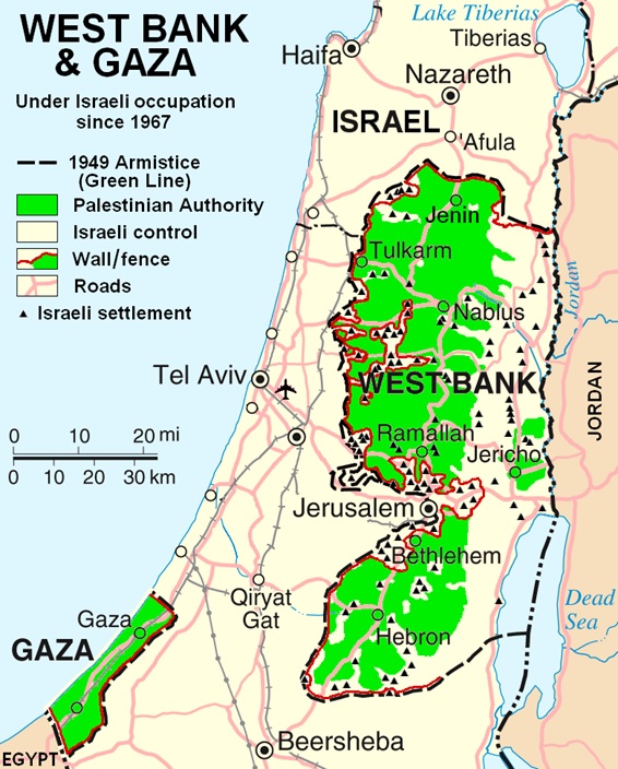 地図　イスラエルが「占領」するヨルダン川西岸地区