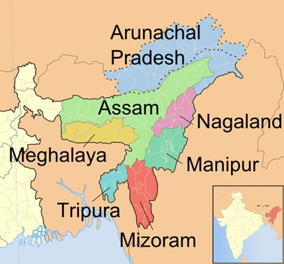 地図　インド北東地域。中央あたりの黄緑色の部分がアッサム州。