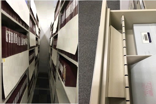 写真：（左）市松模様に書架に垂らしたエアチューンシート。（右）マイクロフィッシュを収納しているキャビネに入れたシートの破片。