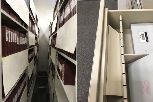 写真:(左)市松模様に書架に垂らしたエアチューンシート。(右)マイクロフィッシュを収納しているキャビネに入れたシートの破片。 写真:(左)市松模様に書架に垂らしたエアチューンシート。(右)マイクロフィッシュを収納しているキャビネに入れたシートの破片。