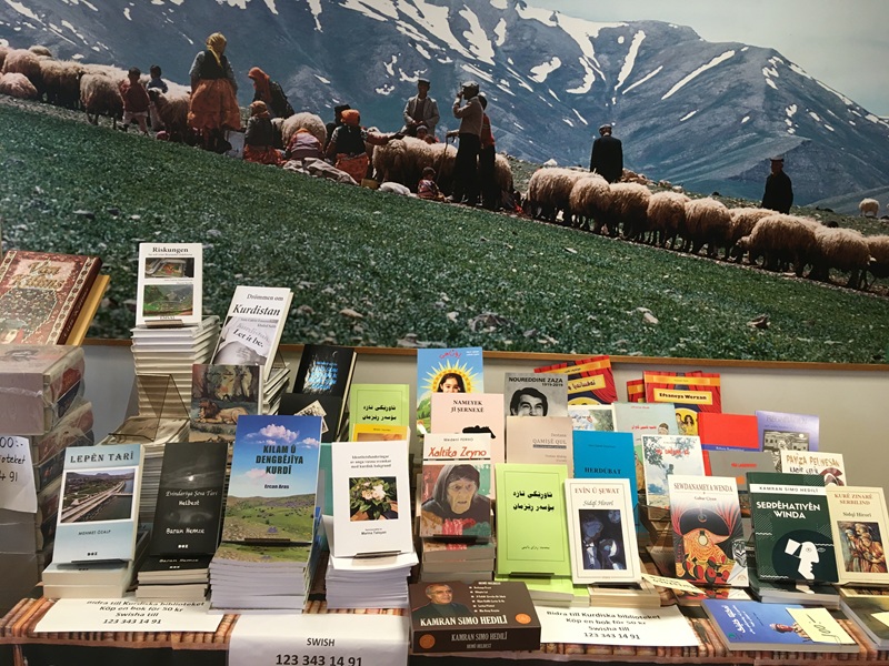 写真１：ストックホルム・クルド図書館で販売されているクルド語の書籍。スウェーデンではクルド語の出版物が今も出続けている。