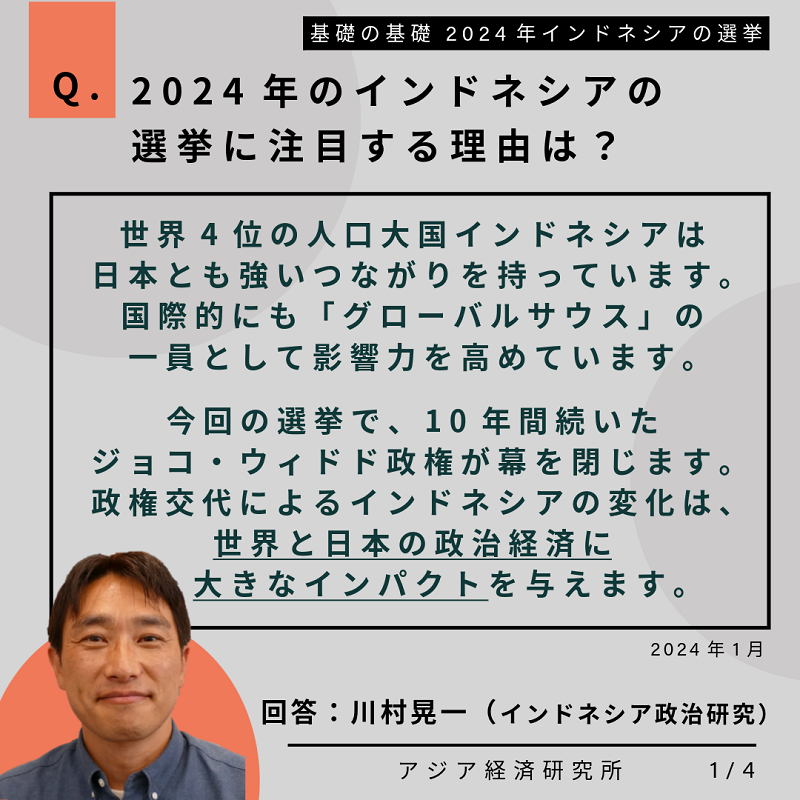 Q.2024年のインドネシアの選挙に注目する理由は？世界4位の人口大国インドネシアは日本とも強いつながりを持っています。国際的にも「グローバルサウス」の一員として影響力を高めています。今回の選挙で、10年間続いたジョコ・ウィドド政権が幕を閉じます。政権交代によるインドネシアの変化は、世界と日本の政治経済に大きなインパクトを与えます。2024年1月。回答：川村晃一（インドネシア政治研究）。基礎の基礎 2024年インドネシアの選挙。