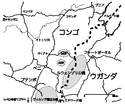 図2　ウガンダ国境付近における2012年頃のADFの拠点