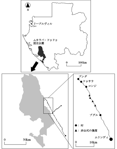 図1　ガボン南西部ムカラバ・ドゥドゥ国立公園と周辺の集落