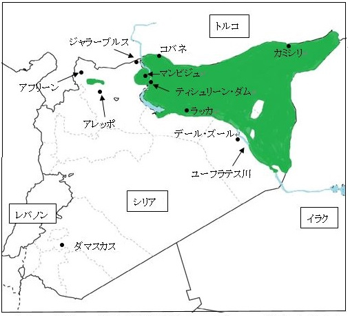 地図：YPG/SDFが展開する地域（2018年4月初め）（緑の地域）