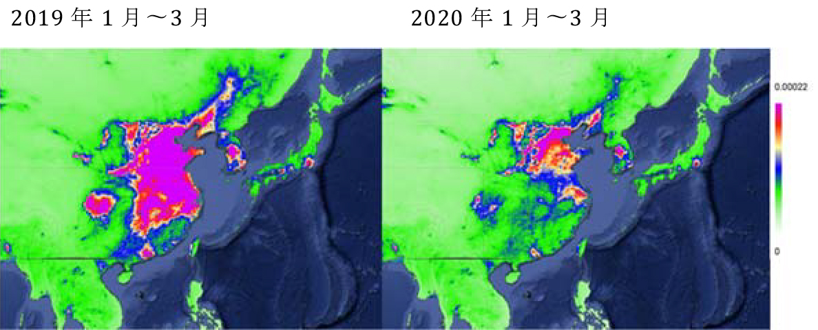 図1　2019年と2020年の第1四半期平均窒素酸化物濃度の変化