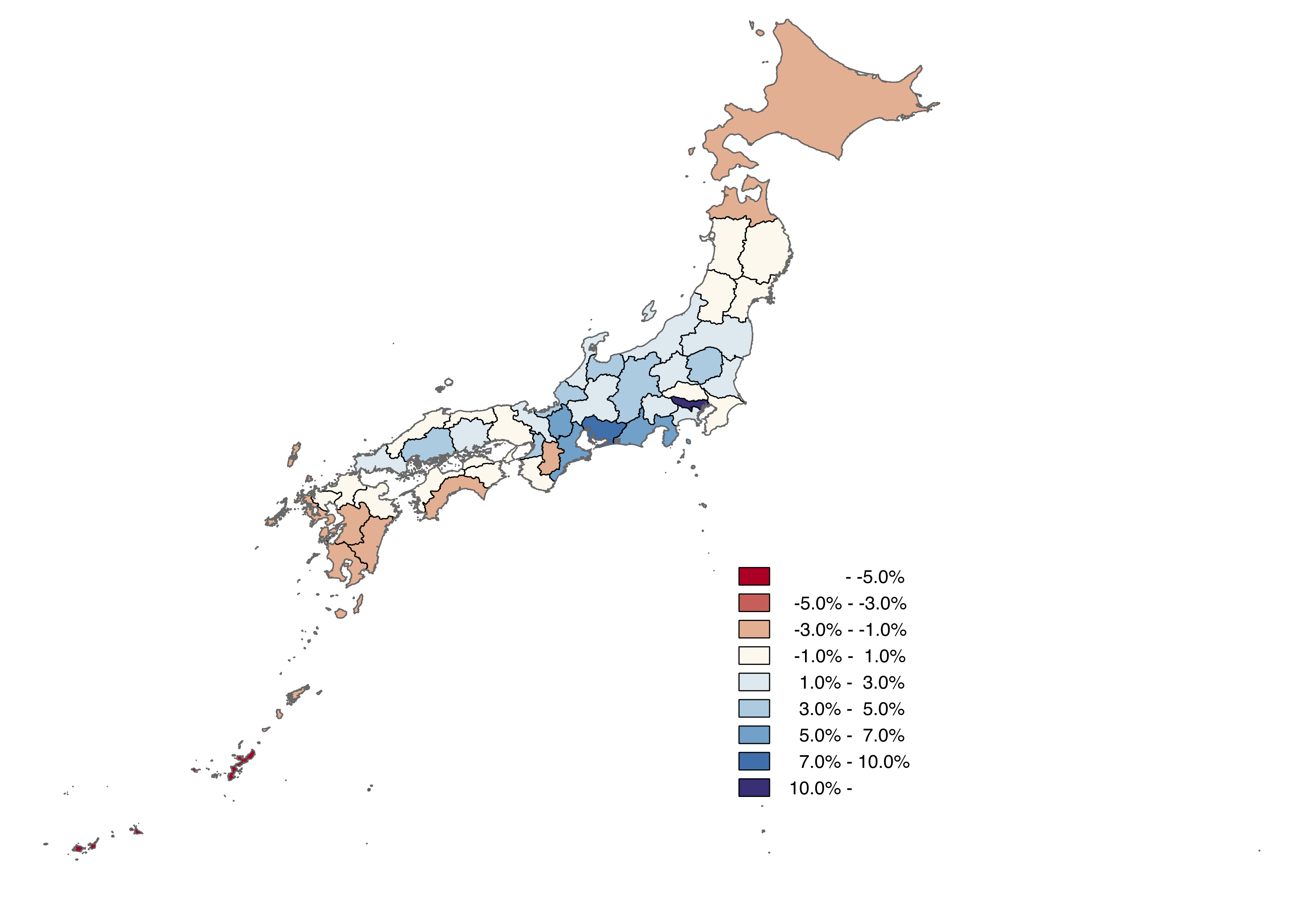 図1. RCEP協定が存在しないときに実現する2030年時点の県別GDP（2021年時点との比較）