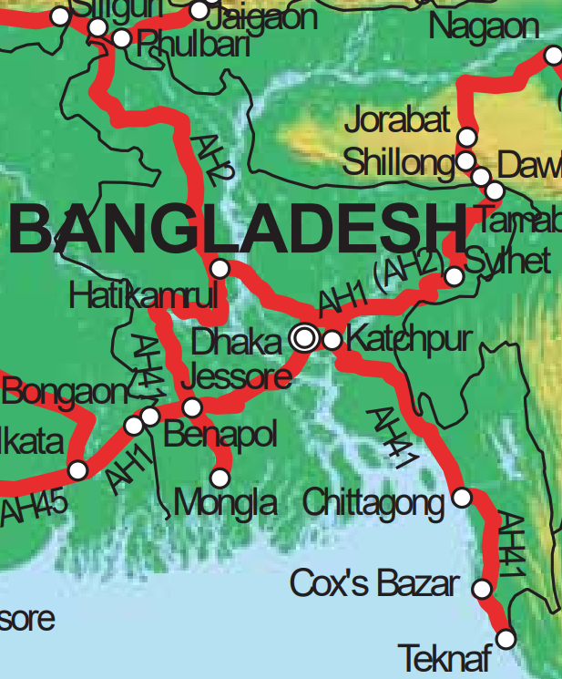 図1. バングラデシュ周辺のAsian Highway