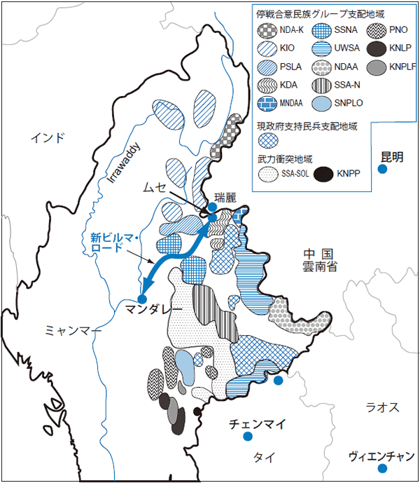 地図：少数民族勢力支配地域と新ビルマ･ロード