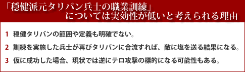 表：「穏健派元タリバン兵士の職業訓練」については実効性が低いと考えられる理由(1)穏健タリバンの範囲や定義も明確でない。(2)訓練を実施した兵士が再びタリバンに合流すれば、敵に塩を送る結果になる。(3)仮に成功した場合、現状では逆にテロ攻撃の標的になる可能性もある。